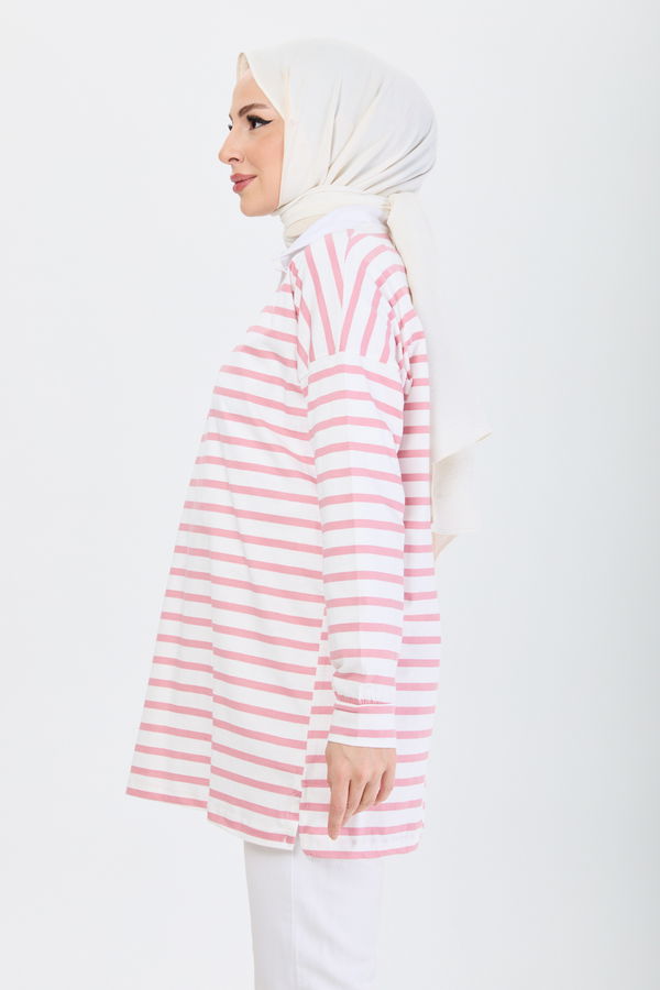 Düz Bisiklet Yaka Kadın Pembe Çizgili Tunik - 24188 PEMBE