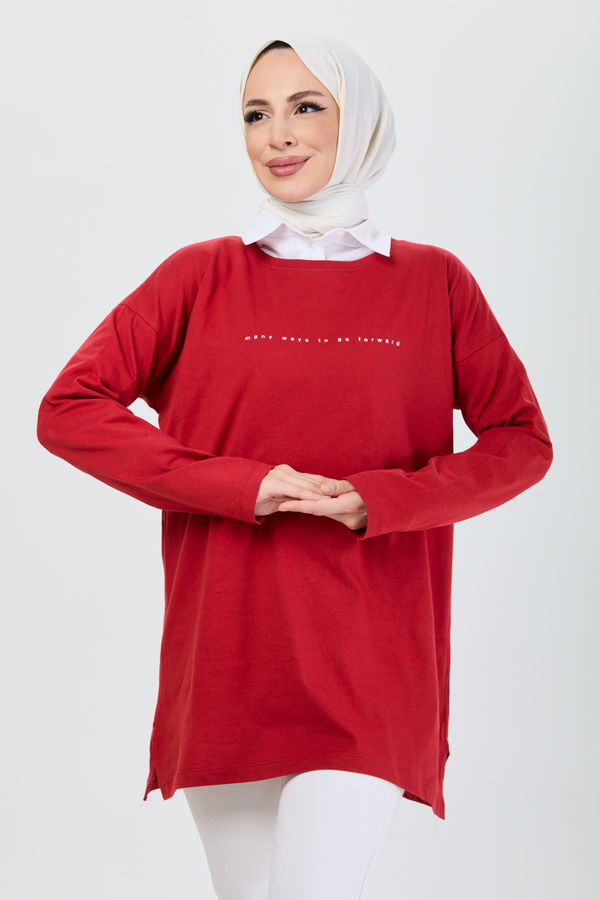 Düz Bisiklet Yaka Kadın Kırmızı T-Shirt - 24191 Kırmızı