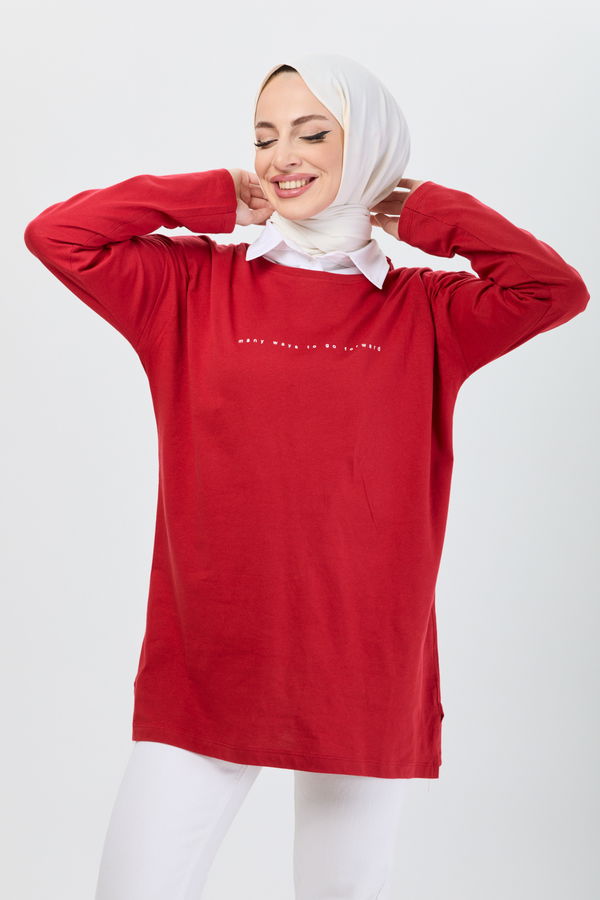 Düz Bisiklet Yaka Kadın Kırmızı T-Shirt - 24191 Kırmızı