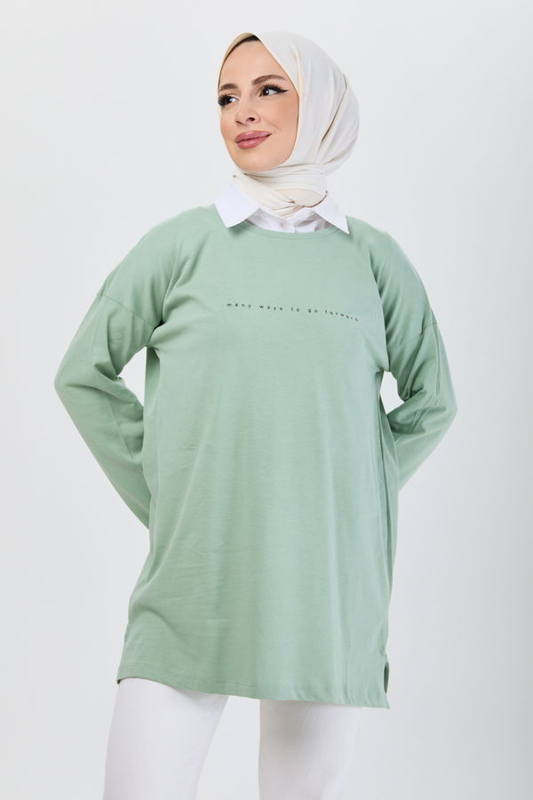 Düz Bisiklet Yaka Kadın Yeşil T-Shirt - 24191 YEŞİL