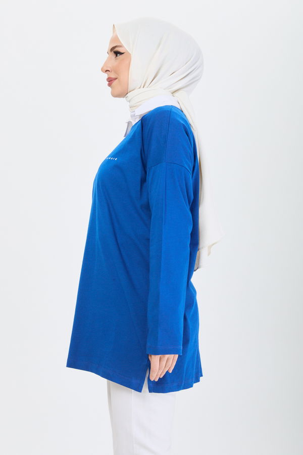 Düz Bisiklet Yaka Kadın Mavi T-Shirt - 24191 MAVİ
