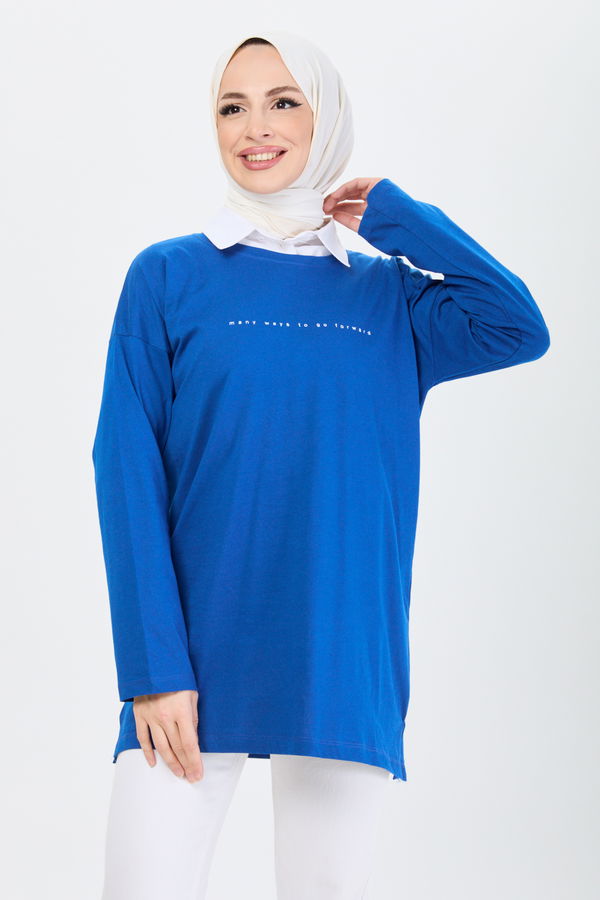 Düz Bisiklet Yaka Kadın Mavi T-Shirt - 24191 MAVİ