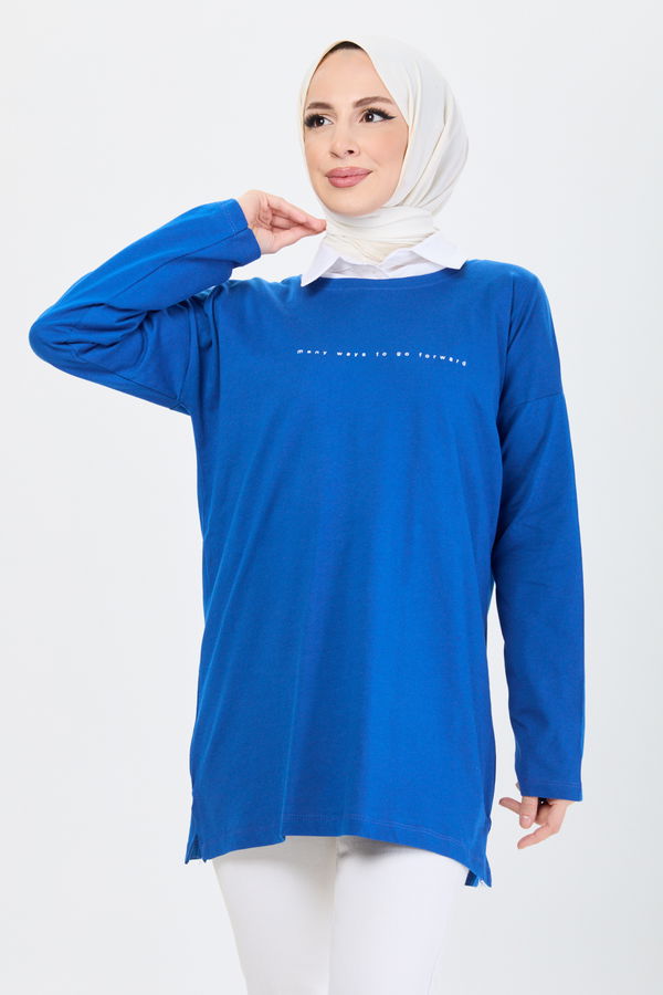 Düz Bisiklet Yaka Kadın Mavi T-Shirt - 24191 MAVİ