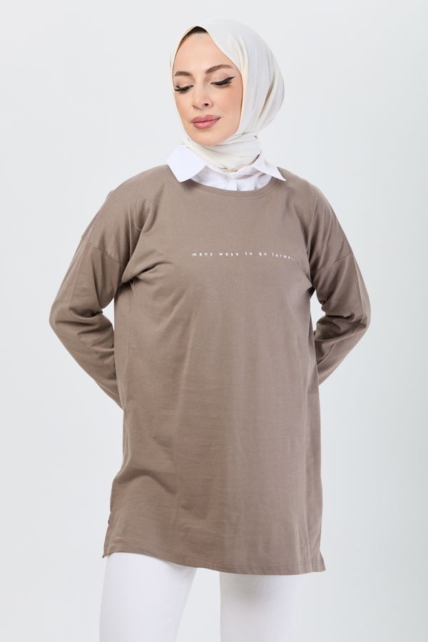 Düz Bisiklet Yaka Kadın Vizon T-Shirt - 24191 VİZON