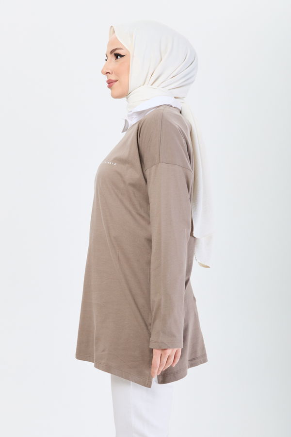 Düz Bisiklet Yaka Kadın Vizon T-Shirt - 24191 VİZON