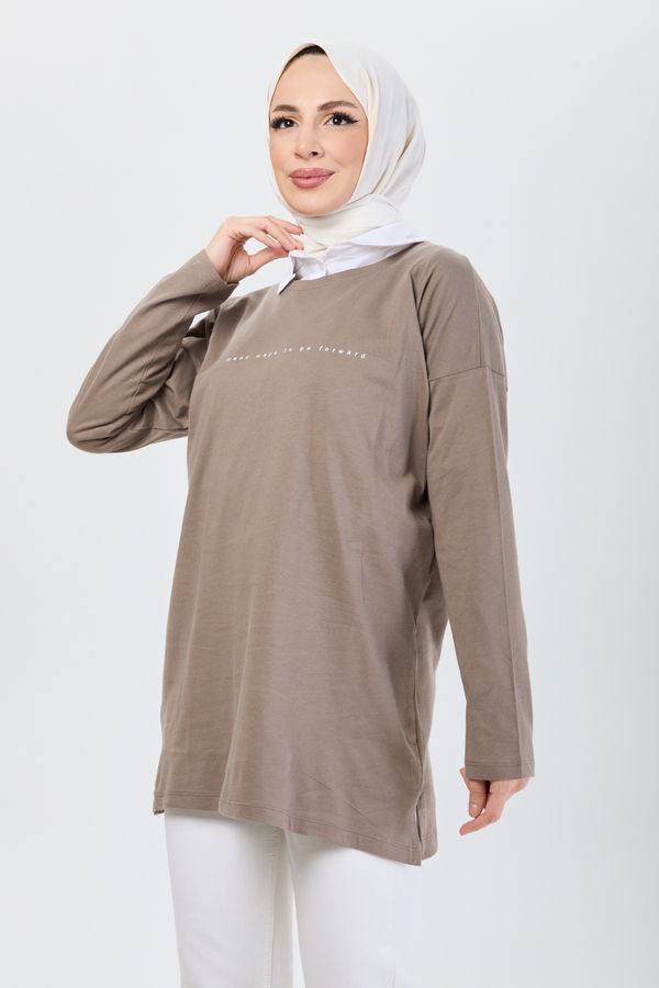 Düz Bisiklet Yaka Kadın Vizon T-Shirt - 24191 VİZON