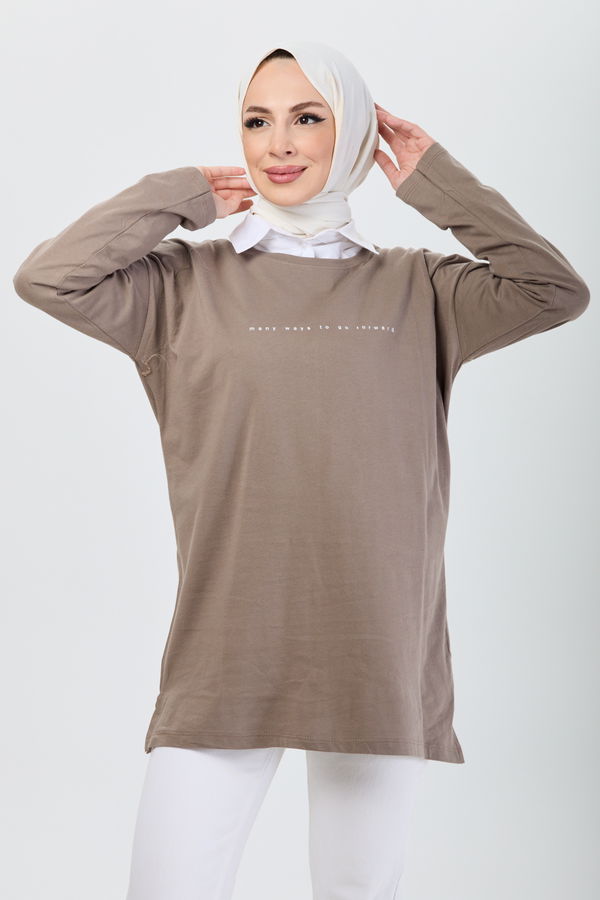 Düz Bisiklet Yaka Kadın Vizon T-Shirt - 24191 VİZON