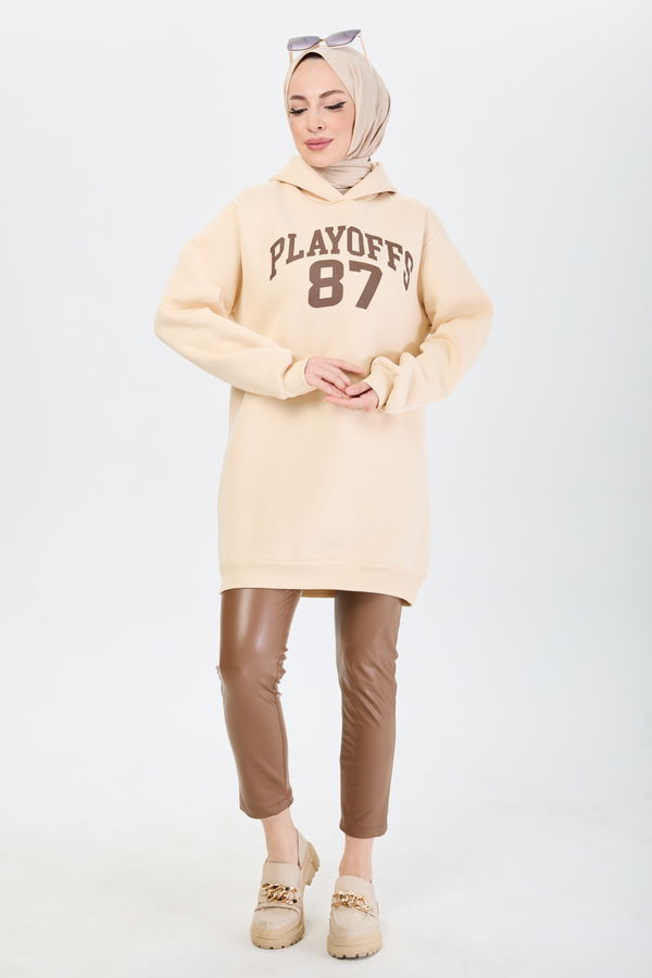Düz Kapşonlu Yaka Kadın Bej Sweat - 24173