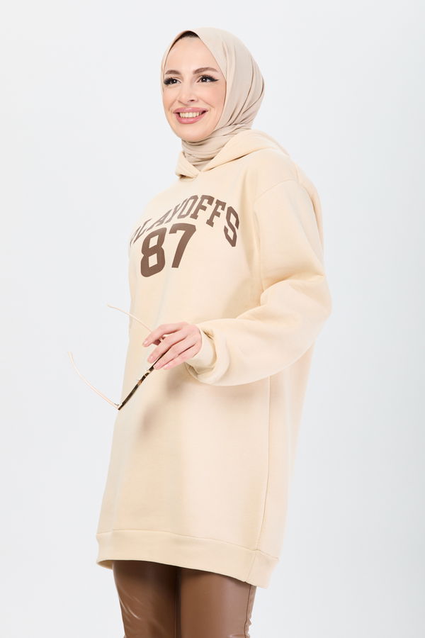Düz Kapşonlu Yaka Kadın Bej Sweat - 24173