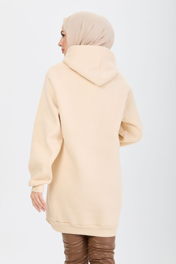 Düz Kapşonlu Yaka Kadın Bej Sweat - 24173