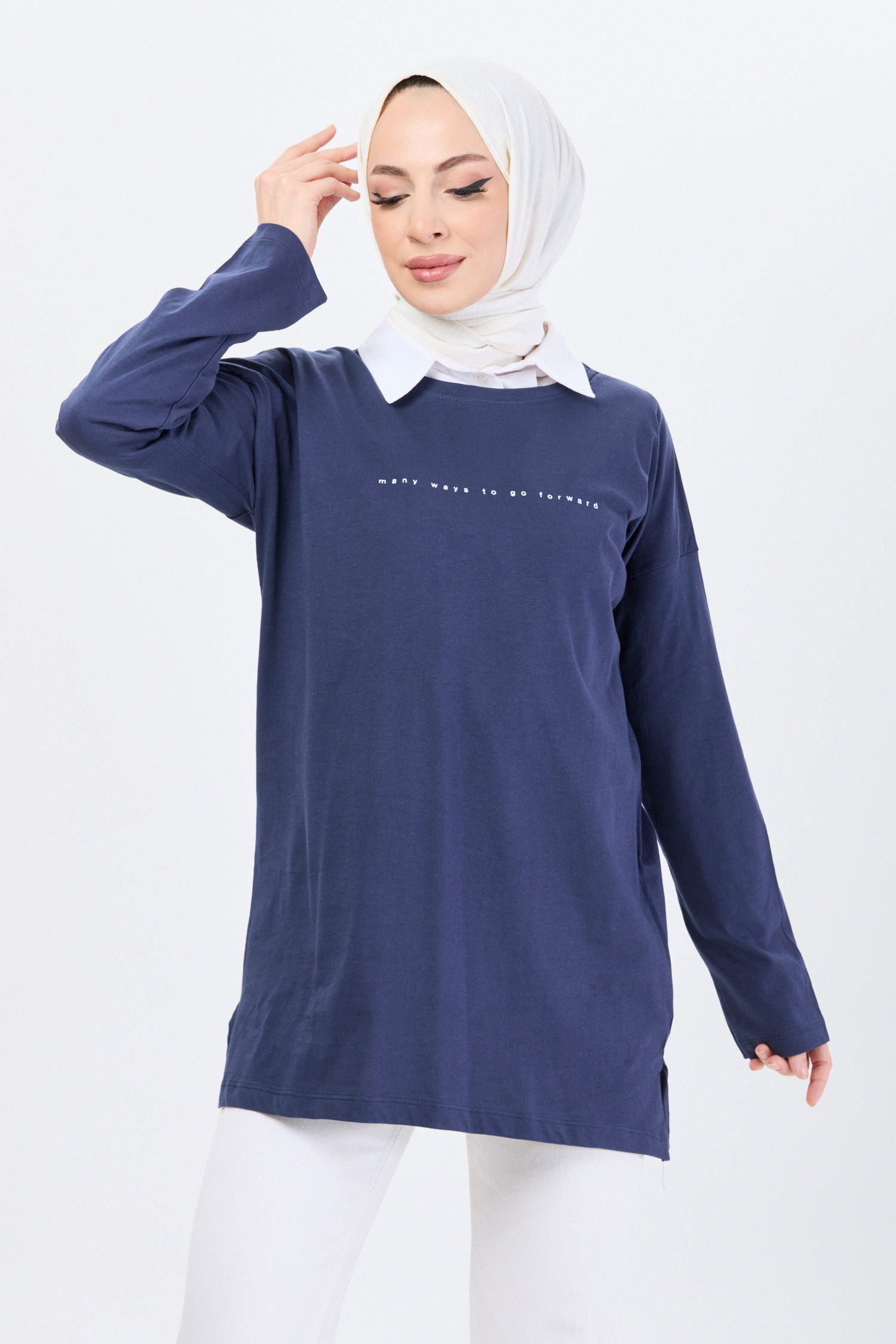 Düz Bisiklet Yaka Kadın Lacivert T-Shirt - 24191