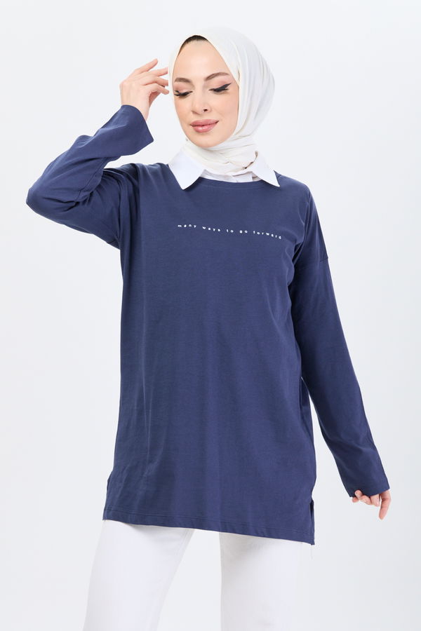 Düz Bisiklet Yaka Kadın Lacivert T-Shirt - 24191