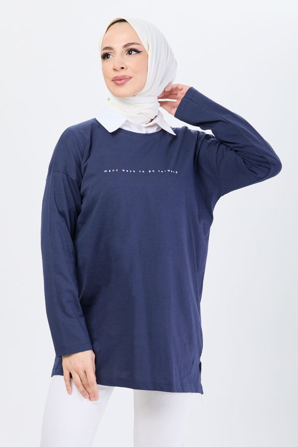 Düz Bisiklet Yaka Kadın Lacivert T-Shirt - 24191