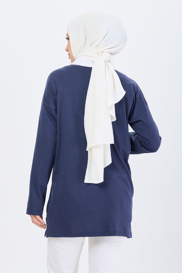 Düz Bisiklet Yaka Kadın Lacivert T-Shirt - 24191