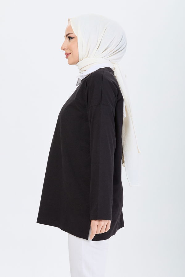 Düz Bisiklet Yaka Kadın Siyah T-Shirt - 24192 SİYAH