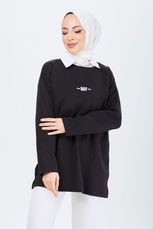 Düz Bisiklet Yaka Kadın Siyah T-Shirt - 24192 SİYAH