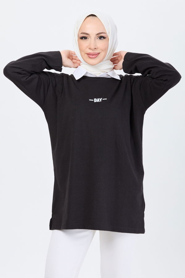 Düz Bisiklet Yaka Kadın Siyah T-Shirt - 24192 SİYAH