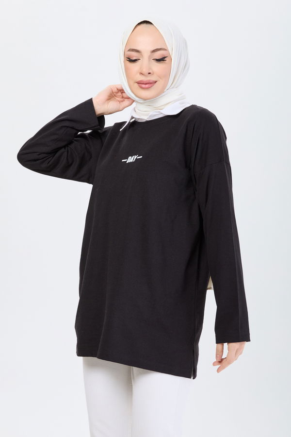 Düz Bisiklet Yaka Kadın Siyah T-Shirt - 24192 SİYAH
