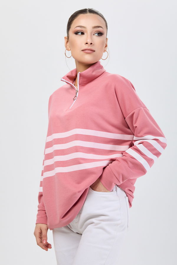 Düz Hakim Yaka Kadın Pembe Sweat - 13101 PEMBE