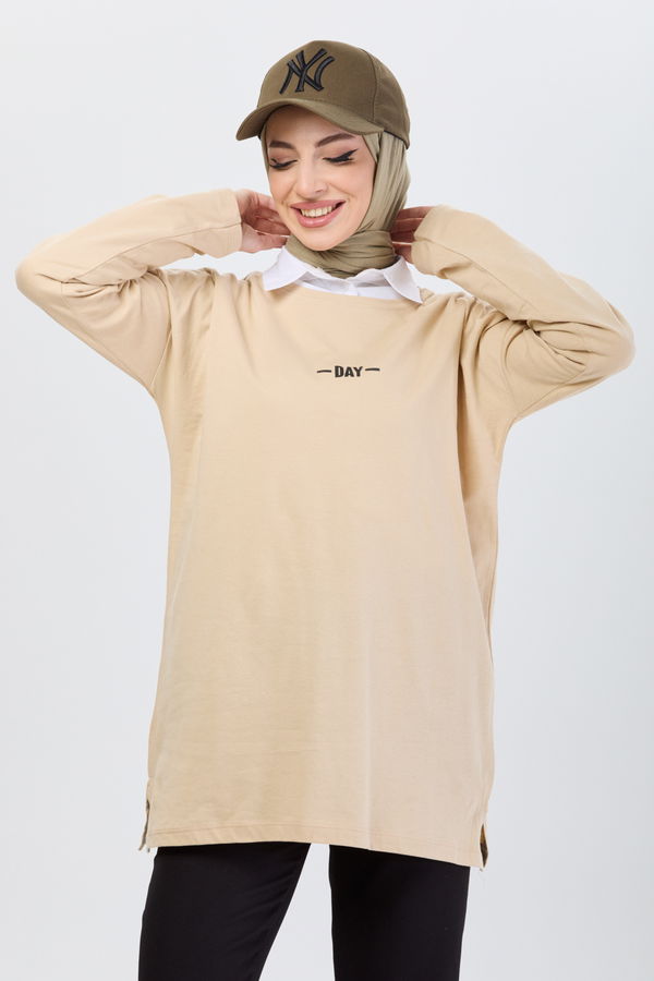 Düz Bisiklet Yaka Kadın Bej T-Shirt - 24192 BEJ