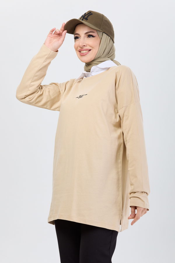 Düz Bisiklet Yaka Kadın Bej T-Shirt - 24192 BEJ