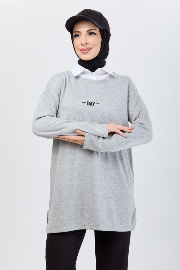 Düz Bisiklet Yaka Kadın Gri T-Shirt - 24192 GRİ