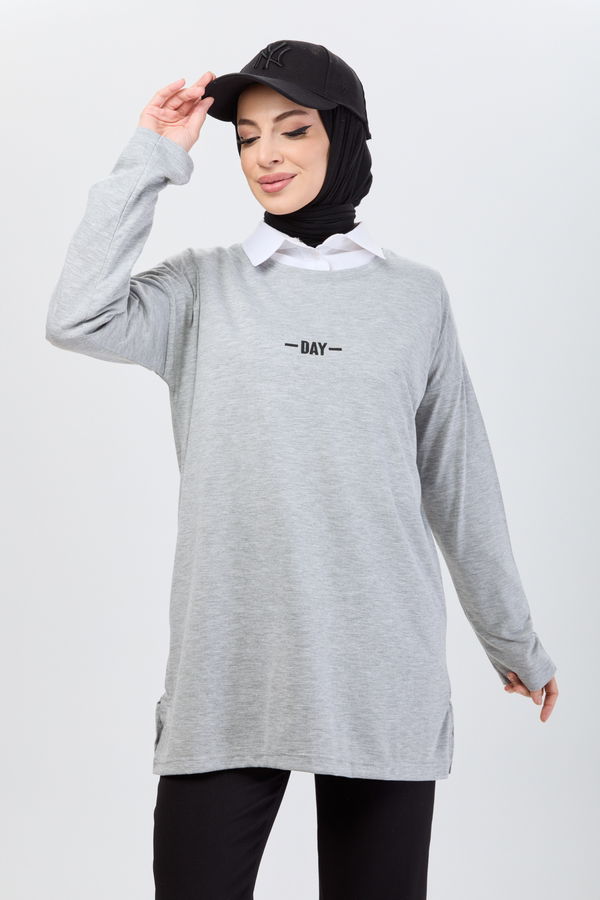 Düz Bisiklet Yaka Kadın Gri T-Shirt - 24192 GRİ