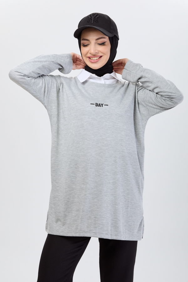 Düz Bisiklet Yaka Kadın Gri T-Shirt - 24192 GRİ