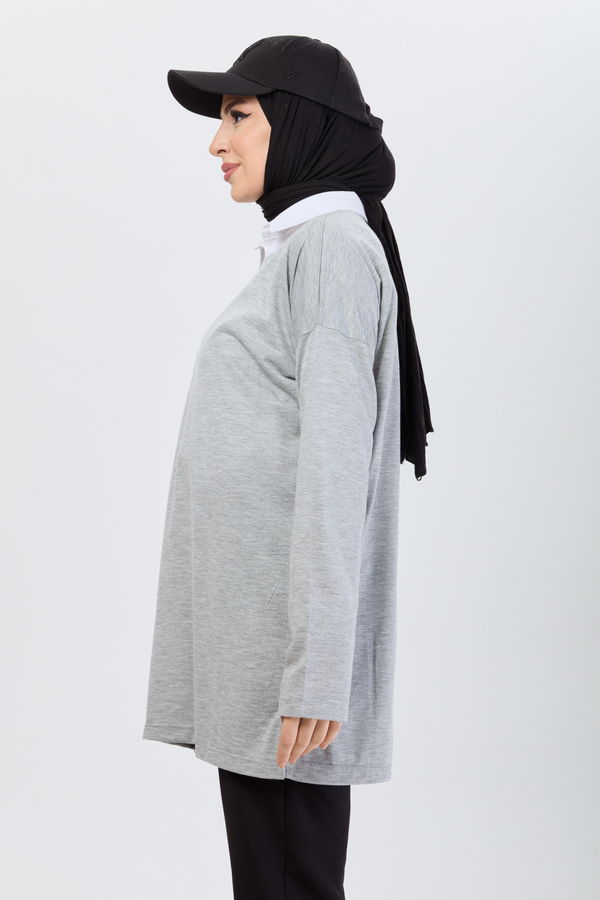 Düz Bisiklet Yaka Kadın Gri T-Shirt - 24192 GRİ