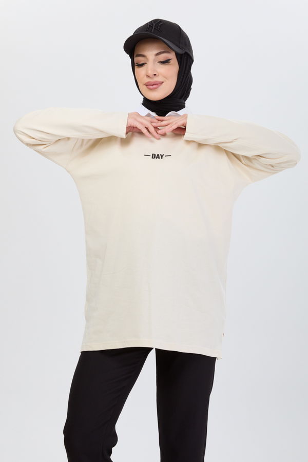 Düz Bisiklet Yaka Kadın Bej T-Shirt - 24192 BEJ