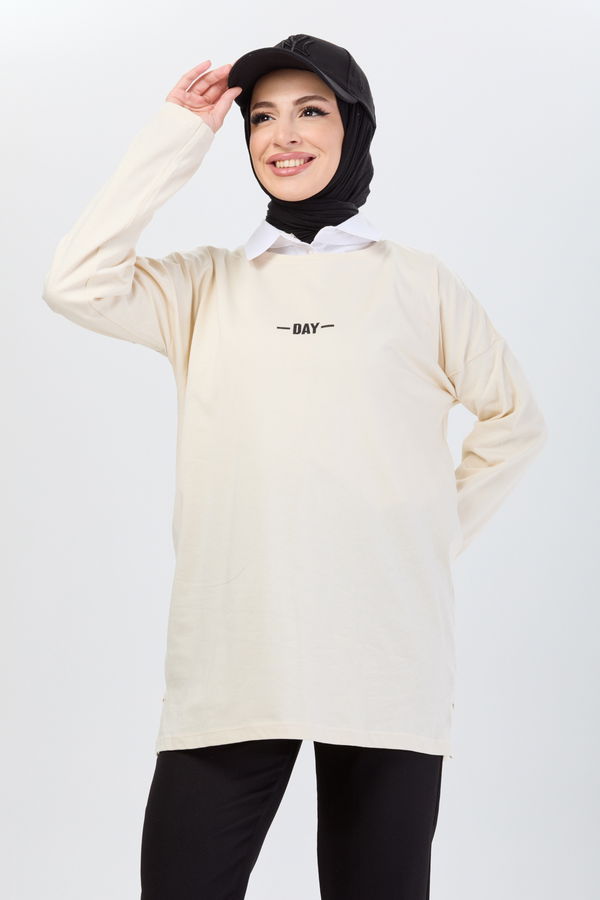 Düz Bisiklet Yaka Kadın Bej T-Shirt - 24192 BEJ