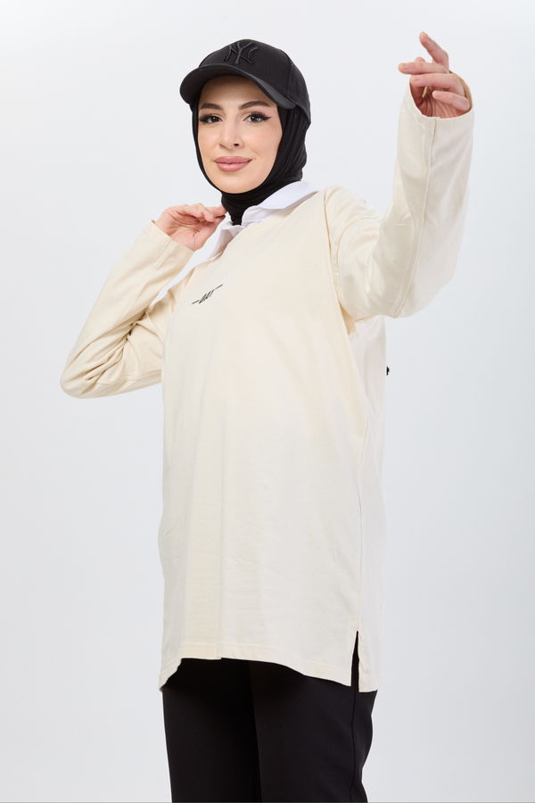 Düz Bisiklet Yaka Kadın Bej T-Shirt - 24192 BEJ