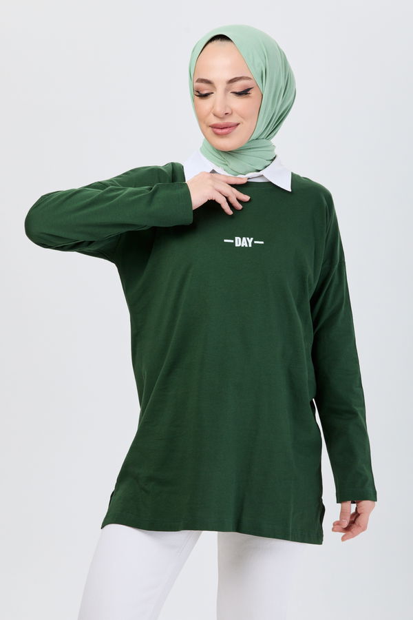 Düz Bisiklet Yaka Kadın Yeşil T-Shirt - 24192 YEŞİL