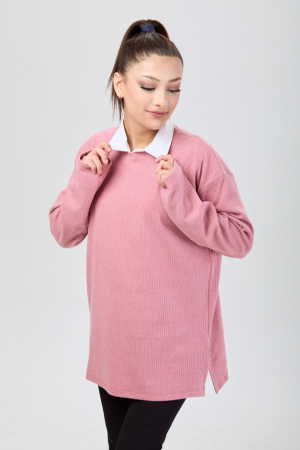 Düz Bisiklet Yaka Kadın Pembe Tunik - 24193 PEMBE