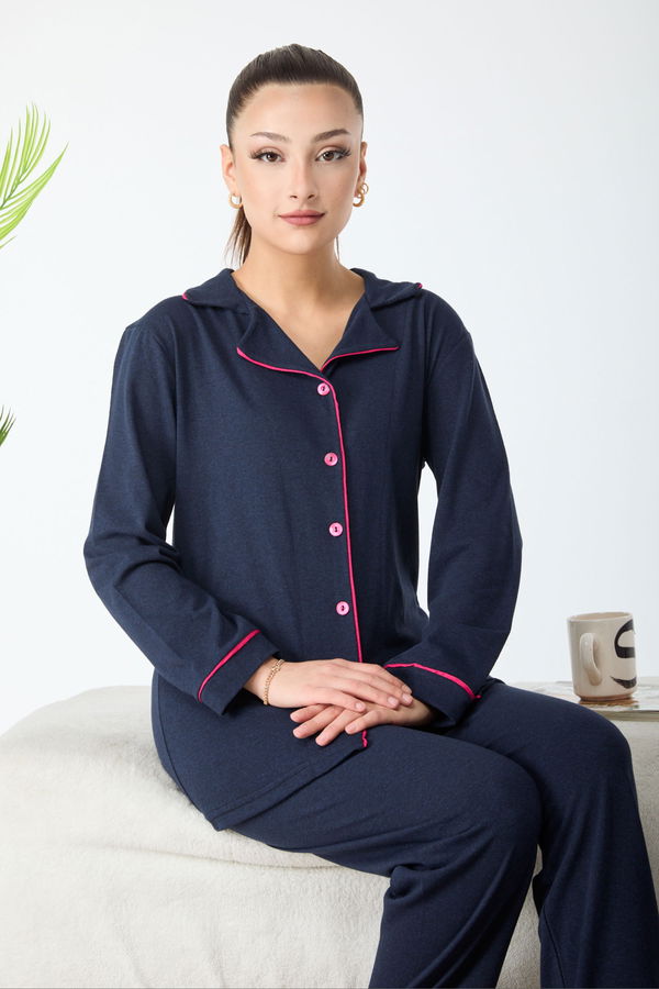 Düz Gömlek Yaka Kadın Lacivert Pijama Takımı - 24300