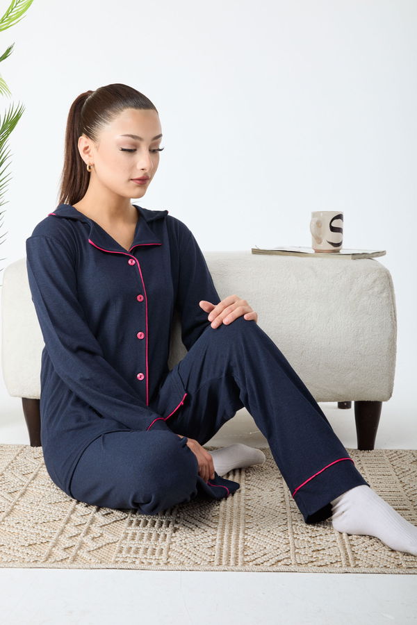 Düz Gömlek Yaka Kadın Lacivert Pijama Takımı - 24300