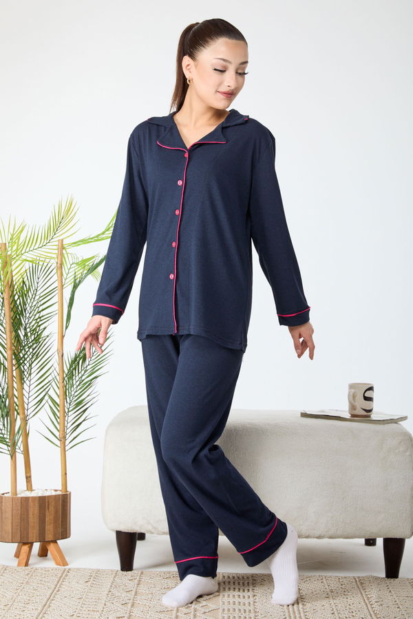 Düz Gömlek Yaka Kadın Lacivert Pijama Takımı - 24300