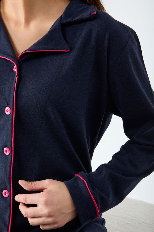 Düz Gömlek Yaka Kadın Lacivert Pijama Takımı - 24300