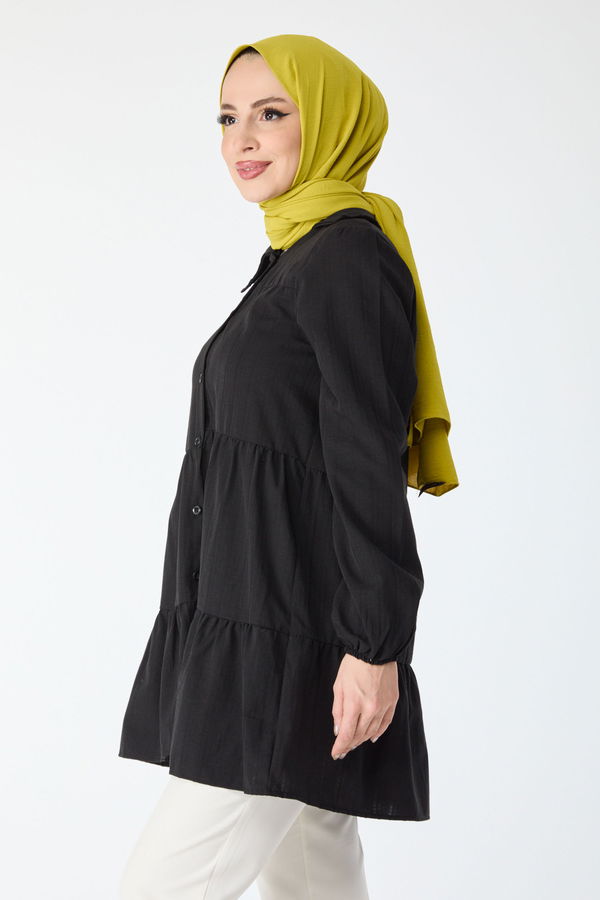 Düz Gömlek Yaka Kadın Siyah Fırfırlı Tunik - 24275