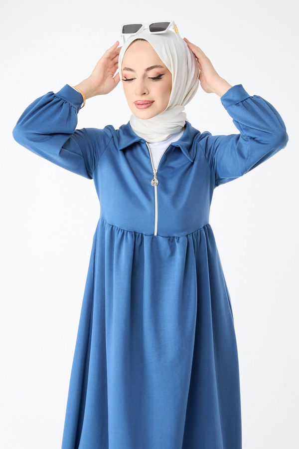Düz Gömlek Yaka Kadın Mavi Elbise - 23867 MAVİ