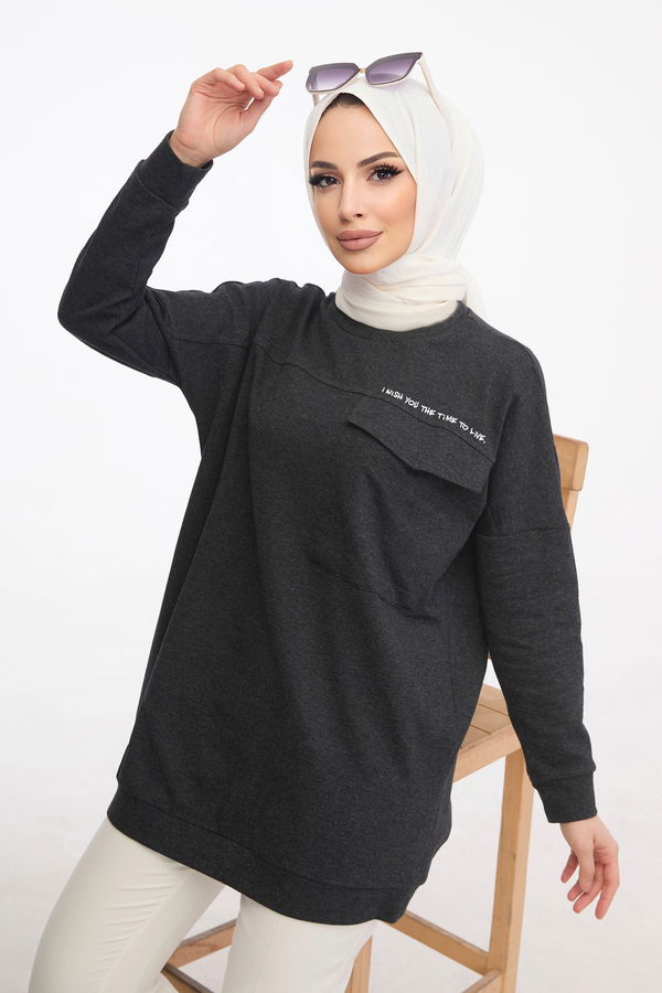 Düz Bisiklet Yaka Kadın Antrasit Tunik - 3350