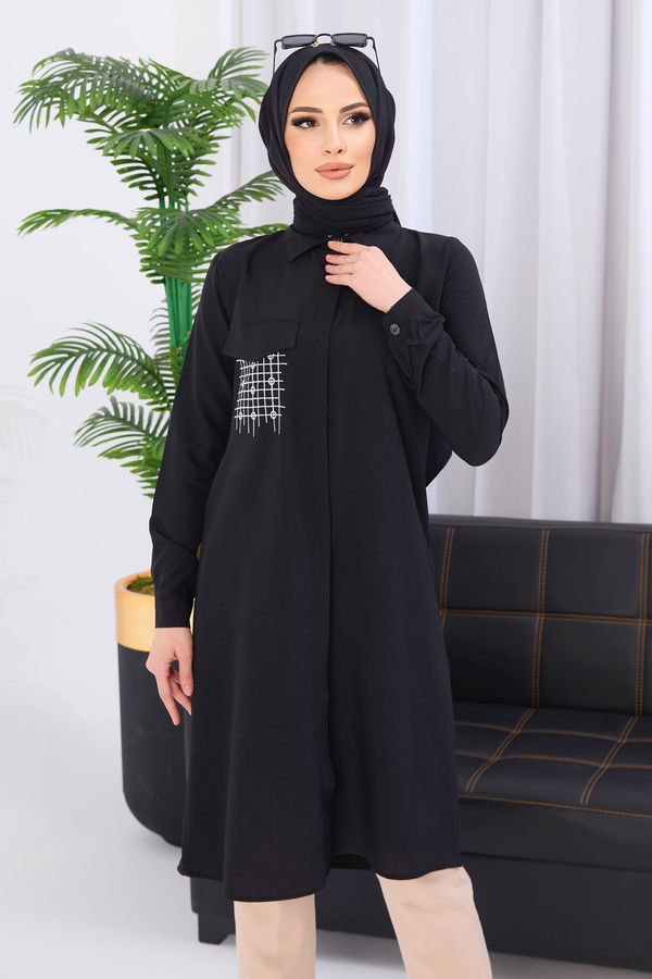 Düz Gömlek Yaka Kadın Siyah Tunik - 3984