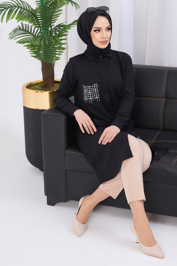 Düz Gömlek Yaka Kadın Siyah Tunik - 3984