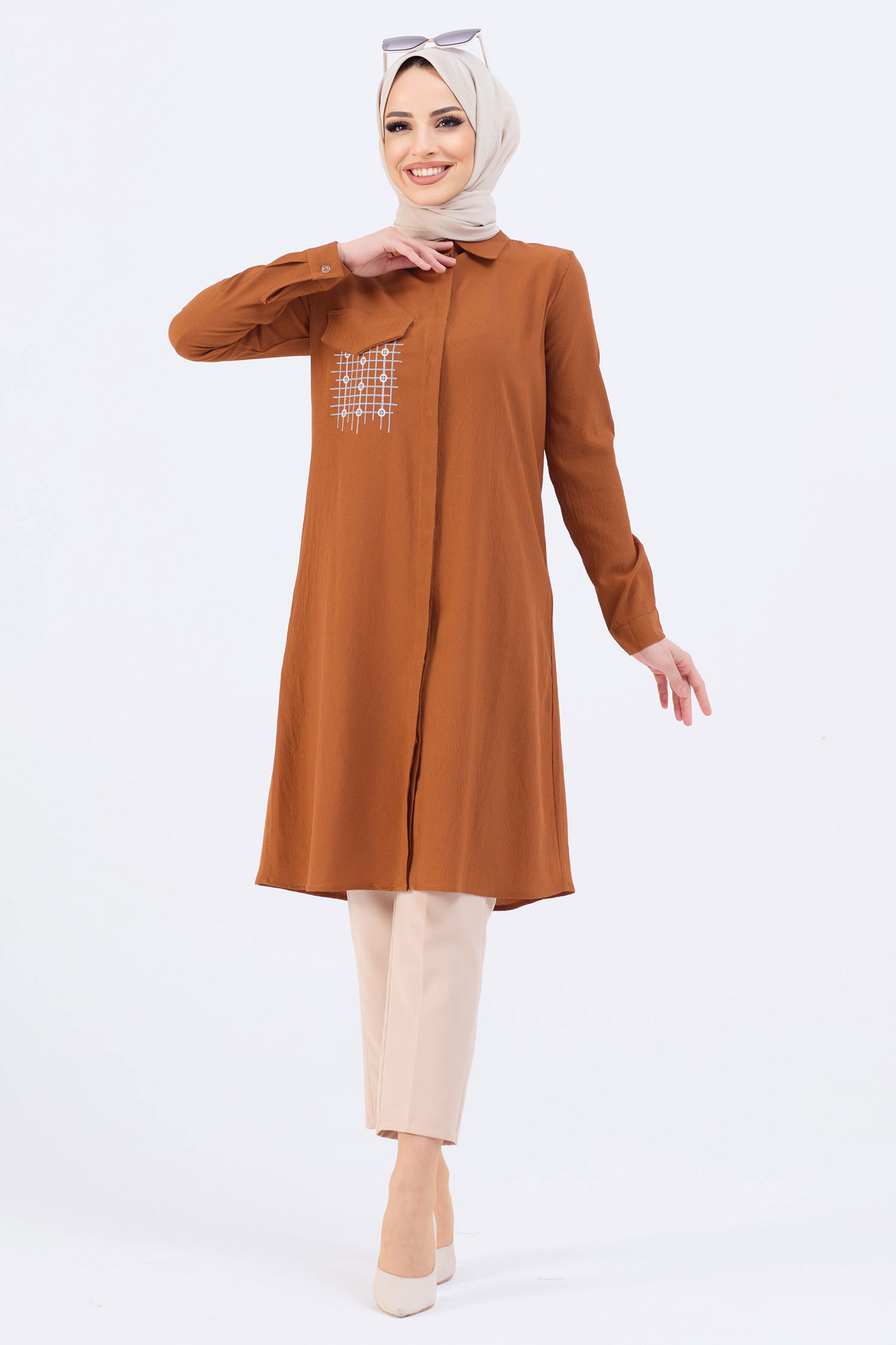 Düz Gömlek Yaka Kadın Taba Tunik - 3984