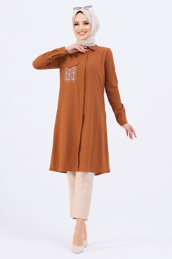 Düz Gömlek Yaka Kadın Taba Tunik - 3984