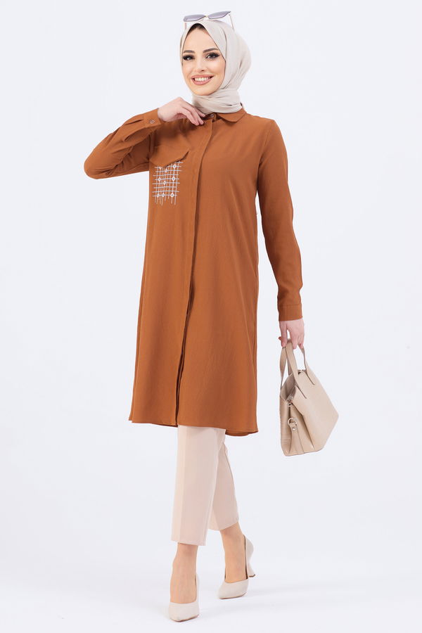 Düz Gömlek Yaka Kadın Taba Tunik - 3984