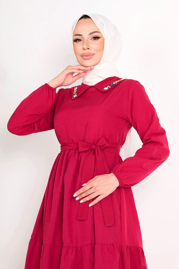Düz Gömlek Yaka Kadın Bordo Elbise - 11655