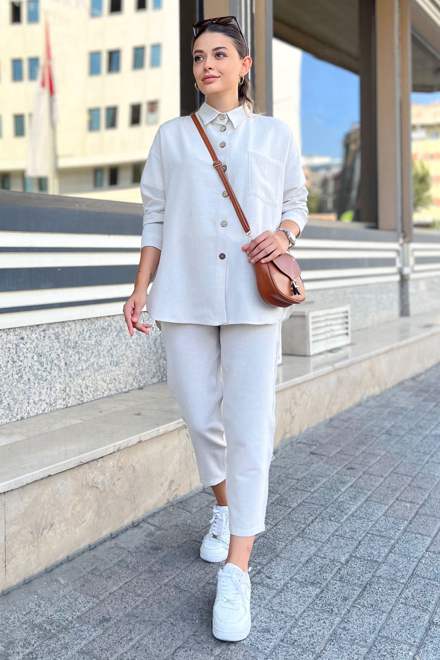 Düz Gömlek Yaka Kadın Ekru Tunik+Pantolon - 11688