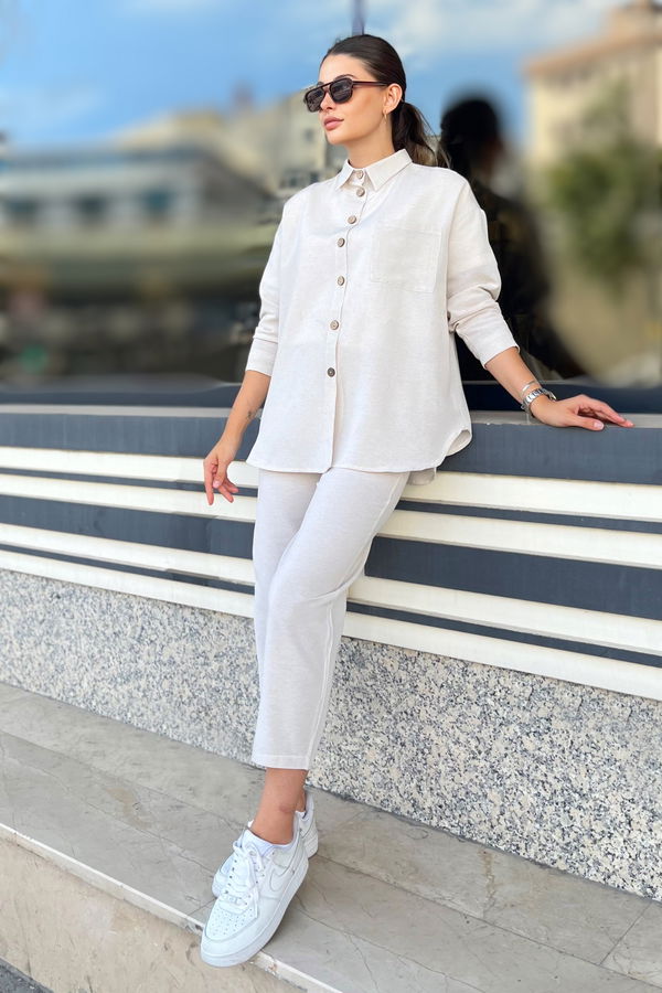 Düz Gömlek Yaka Kadın Ekru Tunik+Pantolon - 11688