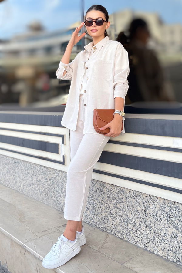 Düz Gömlek Yaka Kadın Ekru Tunik+Pantolon - 11688